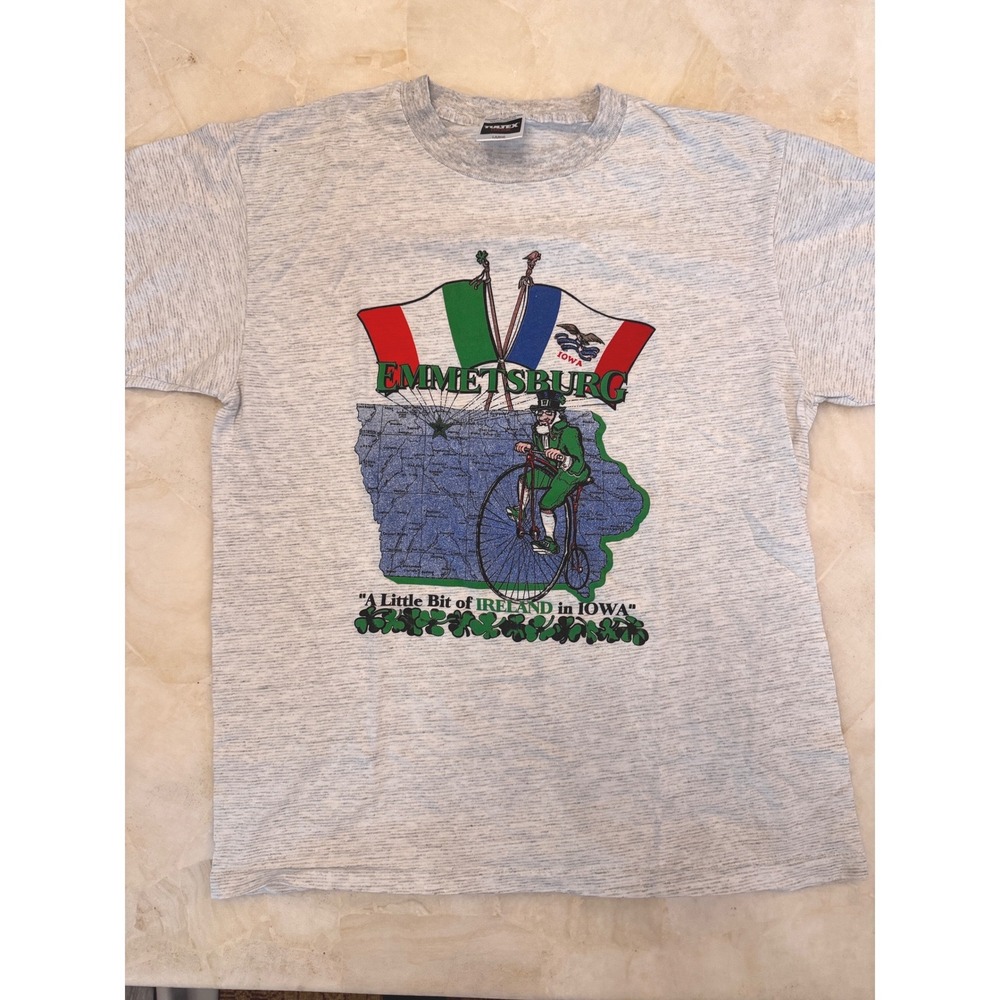 Vintage Tultex Emmetsburg Iowa Ireland Leprechaun T-Shirt Gray Large